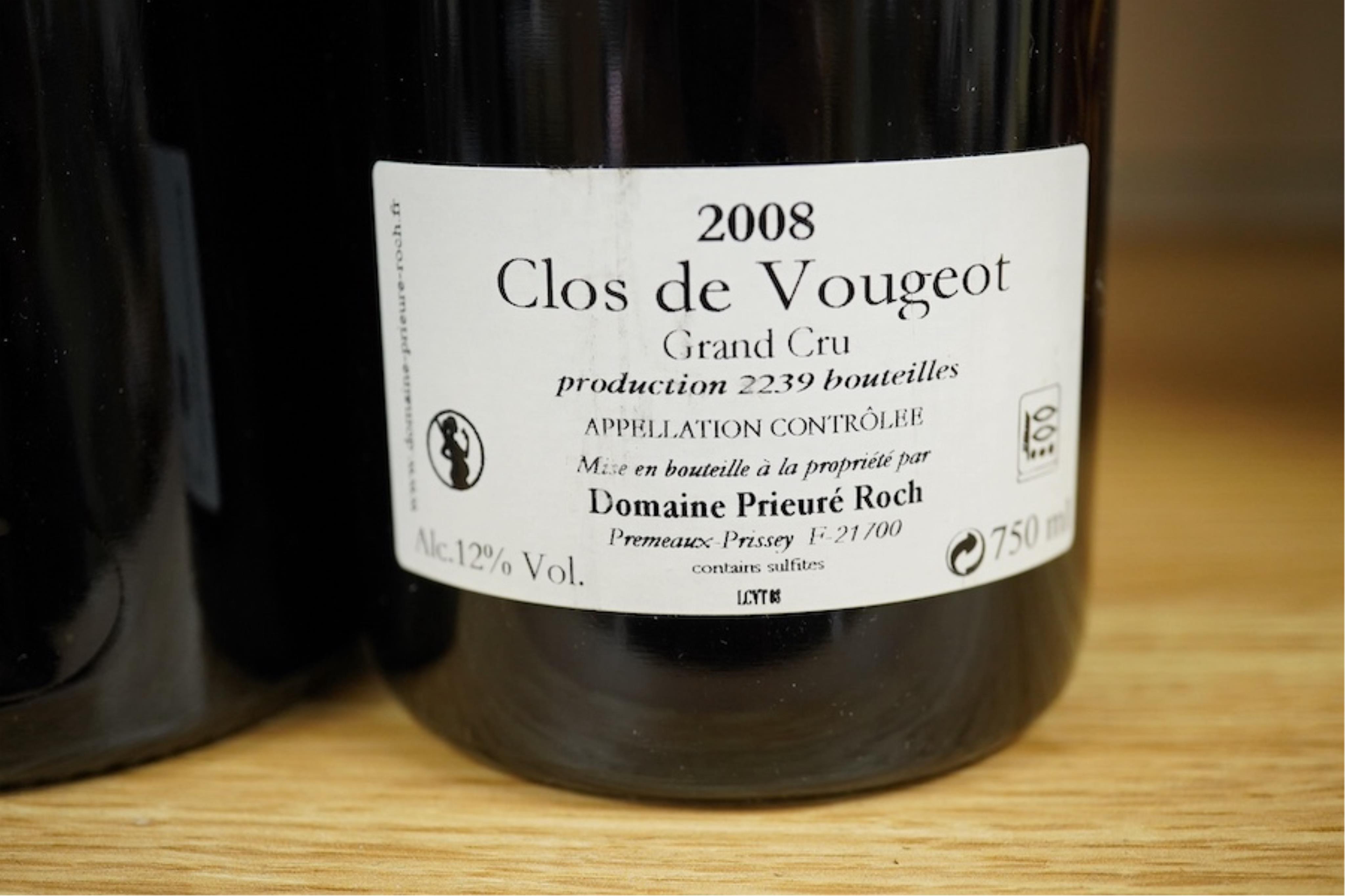 A bottle of Clos de Vougeot, 2008 Grand Cru, Domaine Prieure Roch, Premeaux-Prissey (2239 bouteilles) together with a Clos des Papes Chateauneuf du Pape 2003, Paul Avril (2). Condition - good, both well cellared